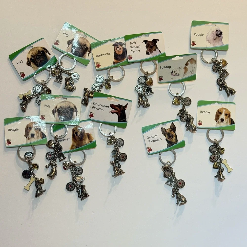 Cute! Dog Charm Pendant Silver Tone Keychains Pug Shepard Beagle Retriever Poodl